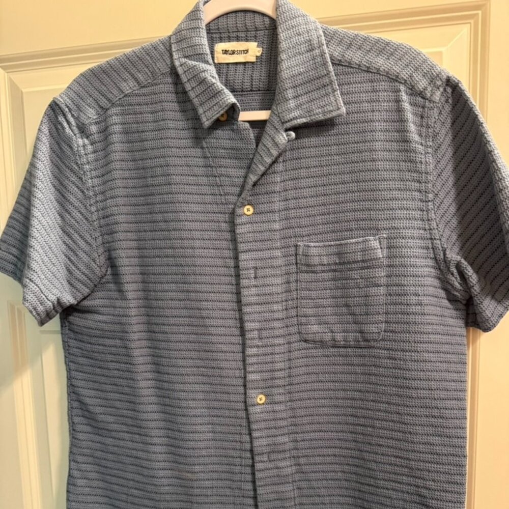Taylor Stitch Short Sleeve Button-Up – Textured Waffle Knit – Slate Blue
